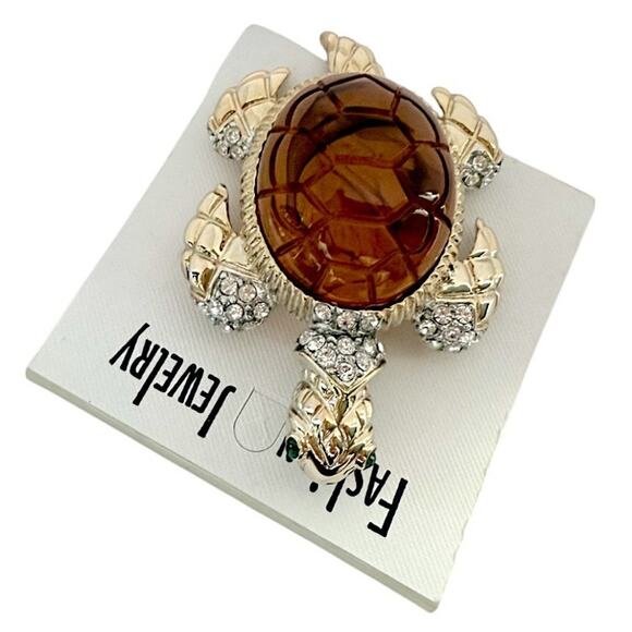 NWT 3.5" Large Gold Plated Faux Amber with Clear Rhinestone Sea Turtle Brooch - Picture 2 of 4